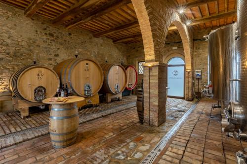 a wine cellar with a bunch of wine barrels at Wine Resort Colsereno in Montalcino