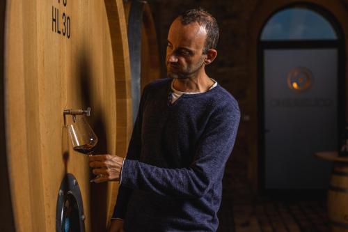 a man holding a glass of wine in a wall at Wine Resort Colsereno in Montalcino