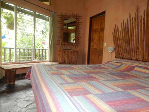 ein Schlafzimmer mit einem Bett und einem großen Fenster in der Unterkunft Heliconia Island in Sarapiquí