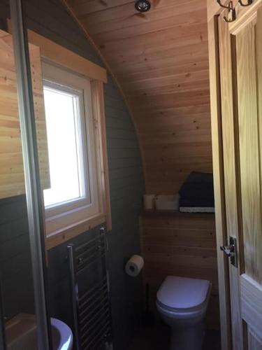 a small bathroom with a toilet and a window at The Boathouse pod in Onich