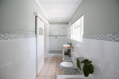 伊麗莎白港的住宿－紐因頓廣場旅館，白色的浴室设有卫生间和淋浴。