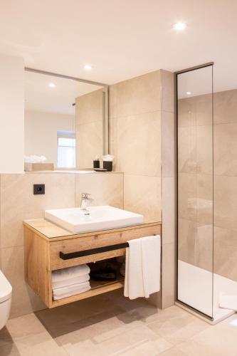a bathroom with a sink and a shower at Weber Hofmark Apartments in Bad Birnbach