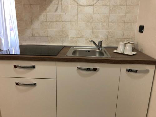 eine Küche mit einer Spüle und einer Theke in der Unterkunft Mini Lambro in Mailand