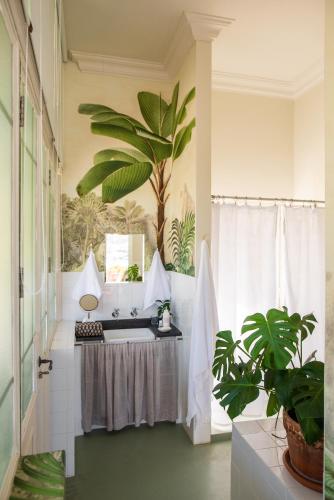 a table in a room with a palm tree on the wall at Dorp Hotel in Cape Town