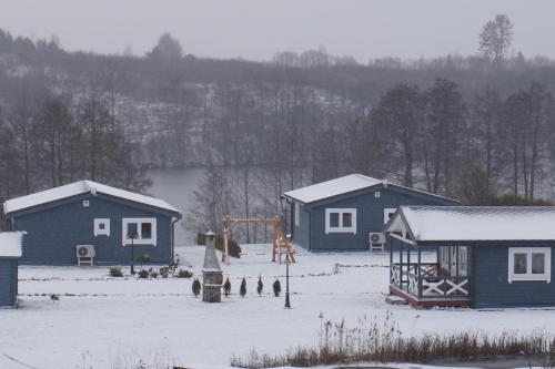a couple of blue houses in the snow at R&M Resort in Petkėniškės