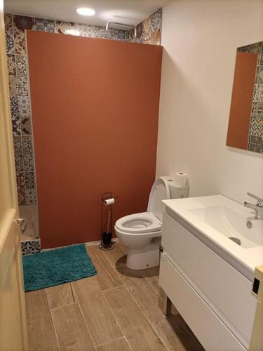 une salle de bain avec toilettes et lavabo dans l'établissement Grand Gîte terrasses Largentière, à Largentière