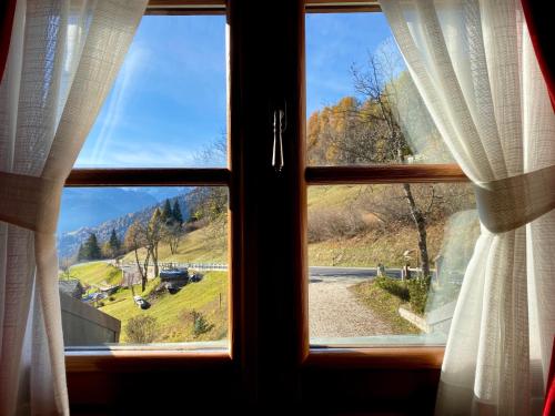 a window with a view of a field through it at Monolocale in chalet alpino 022143-AT-010681 in Madonna di Campiglio