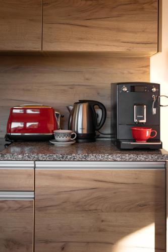a kitchen counter with a coffee maker and a toaster at Apartamenty u Harrego II Przy Stawie Spa klimatyzacja,balkon,sauna , balia, ogród,parking in Kudowa-Zdrój