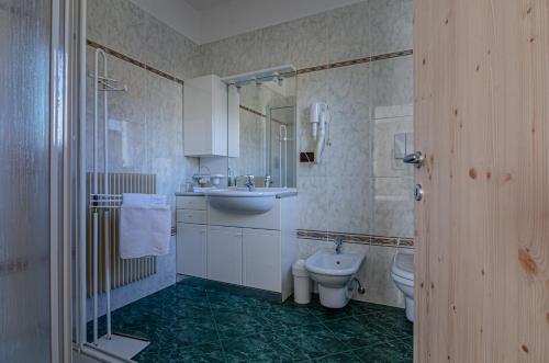 a bathroom with a sink and a toilet and a shower at Agritur Cristina in Coredo