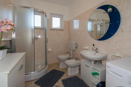 a bathroom with a shower and a toilet and a sink at Apartman Fuma in Rovinj