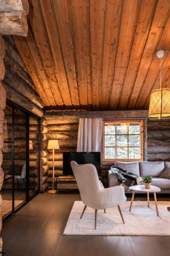 a living room with a couch and a chair at Villa Huippu in Syöte
