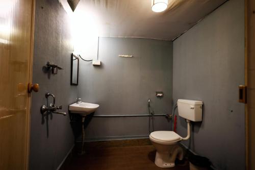 La salle de bains est pourvue de toilettes et d'un lavabo. dans l'établissement Temple Garden Seaside Cottages, à Palolem