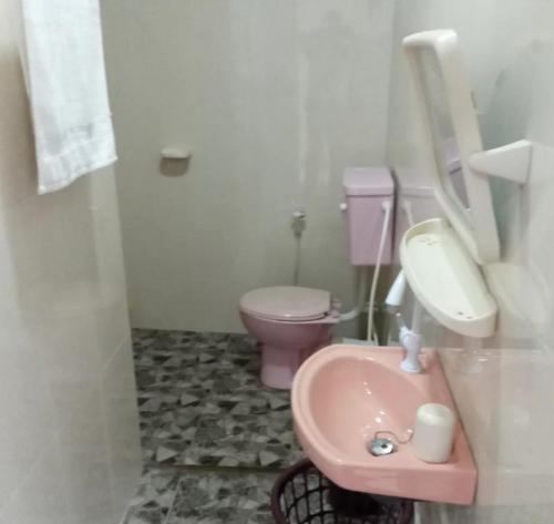 baño con aseo rosa y lavamanos en Villa 47 Akurala en Andurangoda