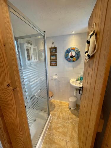 a bathroom with a shower and a toilet and a sink at Sailaway perfect romantic break in Norwich