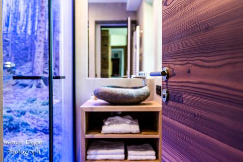 a bathroom with a bowl on a shelf next to a door at Garni Residence Soraiser in Selva di Val Gardena