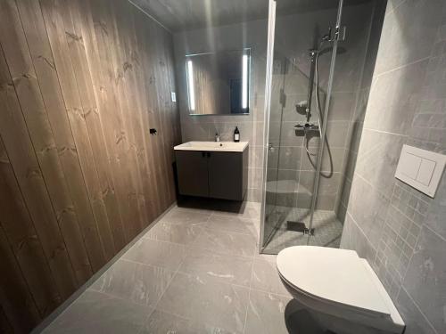 a bathroom with a shower and a toilet and a sink at Slåttastølen - ny og flott sentral leilighet! in Geilo
