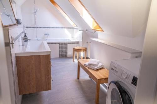 La salle de bains est pourvue d'un lavabo et d'un lave-linge. dans l'établissement Ferienhaus "Seeadler" in Rankwitz am Peenestrom, à Rankwitz