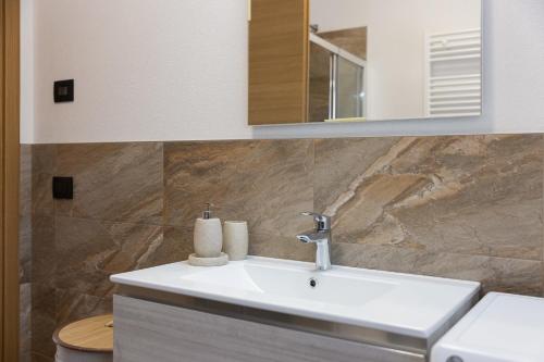 a bathroom with a white sink and a mirror at BAITA NOEMI in Livigno