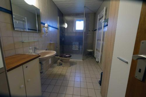 a bathroom with a toilet and a sink and a tub at Wolfsbau Ferienwohnung in Langelsheim