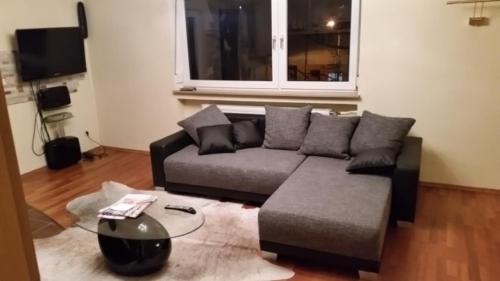 a living room with a couch and a table at Messeappartment Nürnberg in Nuremberg