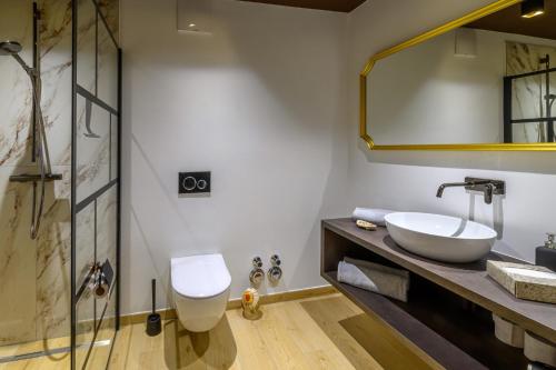 ein Badezimmer mit einem Waschbecken, einem WC und einem Spiegel in der Unterkunft Gh Alte Post - Top 4 Commodore in Gmünd in Kärnten