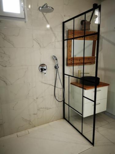 a shower with a glass door in a bathroom at Jaccuzzi privatif dans studio tout confort in Lachapelle-sous-Aubenas