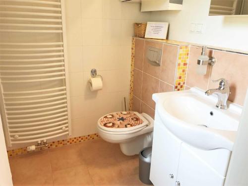 een badkamer met een toilet en een wastafel bij MEI4b Ferienwohnung Landkrebs in Niendorf