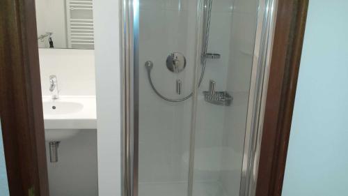 a shower with a glass door next to a sink at ROD32d "Carpe Diem" Schmidt in Niendorf