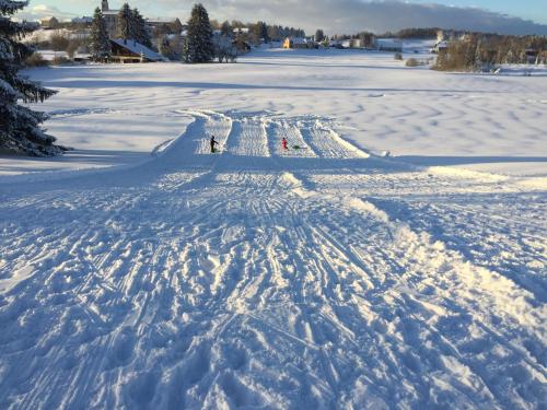 a group of people skiing down a snow covered road at Domaine du Bugnon in Lac des Rouges Truites