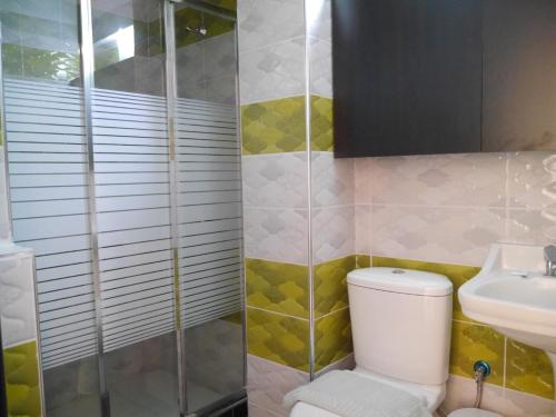 a bathroom with a toilet and a sink at Blue Bay Beach Hotel in Koinyra