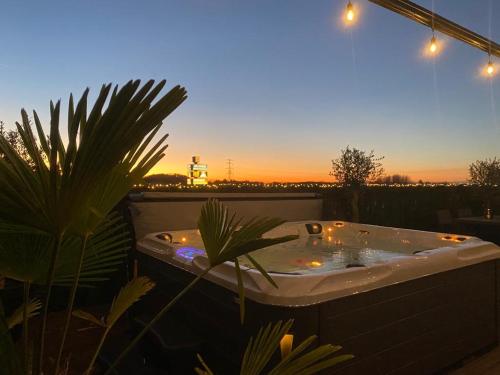 a jacuzzi tub on a patio with a palm tree at Wellness Dome Penthouse in Kerkrade