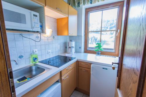 a small kitchen with a sink and a microwave at Huberhof 6 by Alpenidyll Apartments in Schladming