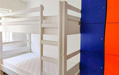 オーストダインケルケにあるGoudstrandの白い二段ベッド(はしご付)が備わる客室です。