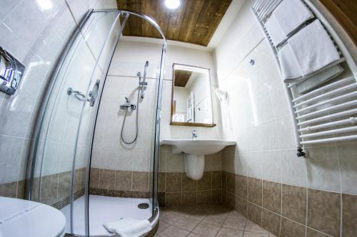 La salle de bains est pourvue d'une douche et d'un lavabo. dans l'établissement Hotel Gendorf, à Vrchlabí