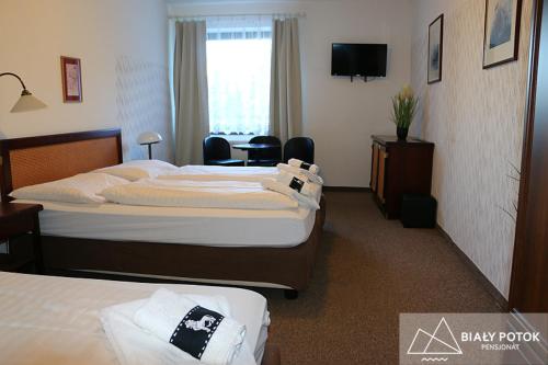 een hotelkamer met 2 bedden en een televisie bij Biały Potok in Zieleniec