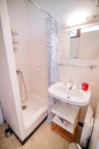 une salle de bain avec un lavabo et une douche dans l'établissement Les Tilleuls 22 - balcon vue montagne, à Orcières