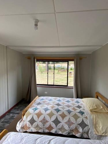 1 dormitorio con 1 cama en una habitación con ventana en Cabaña a 8 km de Cerro Castillo., en Villa Cerro Castillo