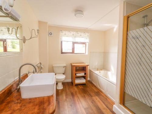 a bathroom with a tub and a toilet and a sink at Treboeth in Bleddfa