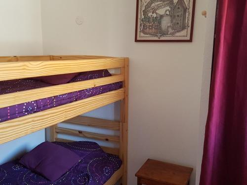 2 lits superposés dans un dortoir avec une photo sur le mur dans l'établissement Charmant 3 pièces pour 6 pers. avec piscine, balcon, parking souterrain et accès pistes à Valloire - FR-1-263-490, à Valloire