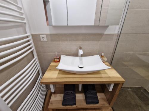 ein Badezimmer mit einem weißen Waschbecken und einer Dusche in der Unterkunft Murtal Ground in Knittelfeld