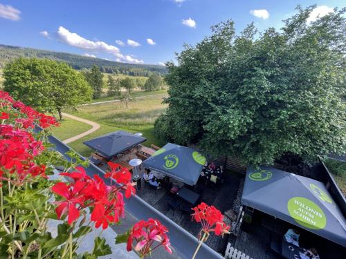 une vue de tête de deux camions de nourriture avec des fleurs rouges dans l'établissement Hotel Steuer, à Allenbach