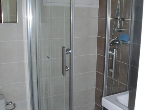a shower with a glass door in a bathroom at Appartement Valloire, 2 pièces, 4 personnes - FR-1-263-219 in Valloire