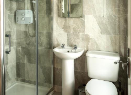 a bathroom with a toilet and a sink and a shower at Ballybunion Cottages No 22 in Ballybunion