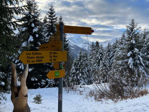 a street sign with signs in the snow at Cosy studio for 5 near ski lift, HAMEAU D2 in Les Collons