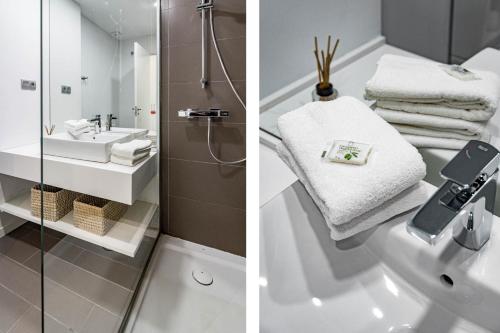 twee foto's van een badkamer met een wastafel en een douche bij LM10BB- Modern ground floor flat in Le Mirage in Estepona