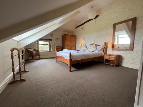 a bedroom with a bed and a mirror at Courtyard Farm Cottages in Boscastle