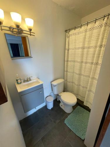 a bathroom with a toilet and a sink and a mirror at Las Olas Beach apartments in Arecibo