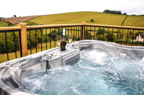 a hot tub with a bottle of wine in it at Cwm Heulog in Knighton