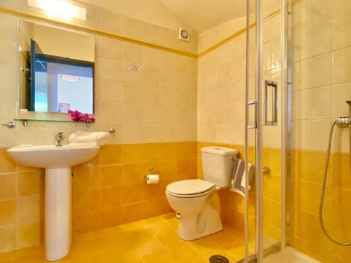 a bathroom with a toilet and a sink and a shower at Villa Barbati Pelagos with private pool by DadoVillas in Barbati