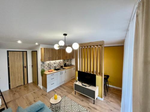 a living room with a kitchen with yellow walls at Apartament za Ratuszem - z balkonem in Radom